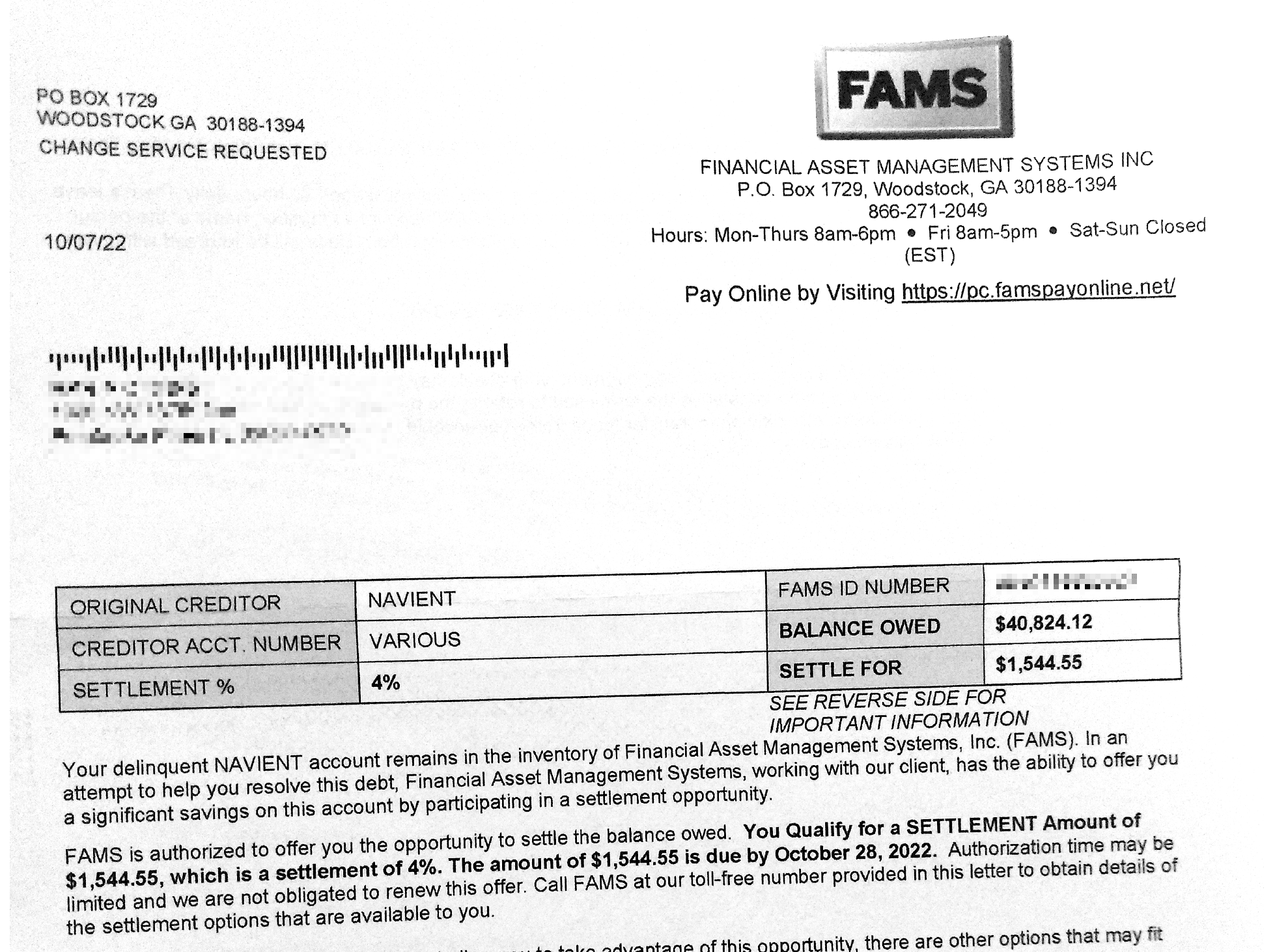 FAMS Student Loan Settlement Offer: How it Works
